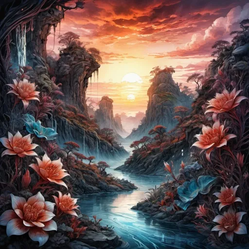 Prompt: Stunning exotic landscapes, unrealistic flora, ink, nature punk, beautiful, mysterious, high contrast, deep rich colors, ultra-detailed, intricate details, fantasy concept art, sunset, clouds, flowing water, 16k edge lighting , perfect lighting, sharp focus, ultra high definition, realistic, vivid colors, layered, glowing from within, filigree, mother of pearl, UHD drawing, studio photo, popular on artstation, perfect composition., Watercolor, trending on artstation, sharp focus, studio photo, intricate details, highly detailed, by greg rutkowski