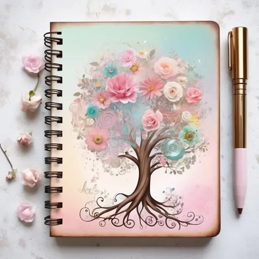 Prompt: shabby chic dreamy mist pastel junk journals phrase flower tree swirling magical fairytale abstract art style