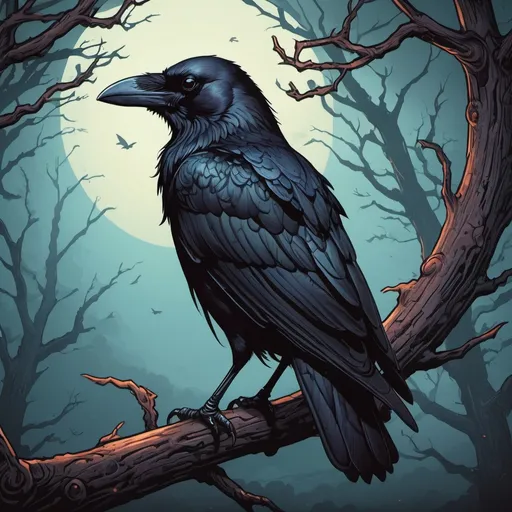 Prompt: Illustration of a crow perched up on a tree branch, Dan Mumford, Brock Hofer, trending on artstation