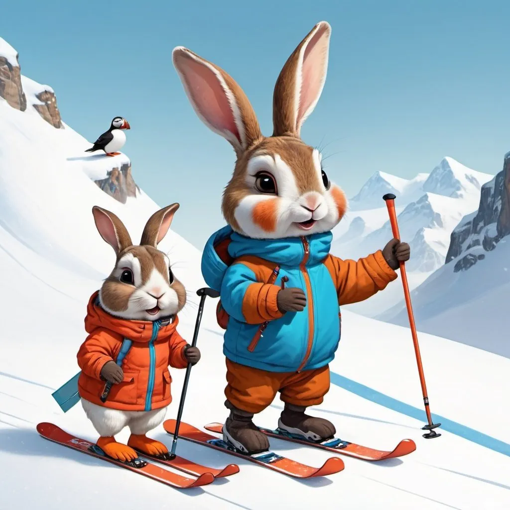 Prompt: A cute brown bunny and puffin in snowsuits are skiing.