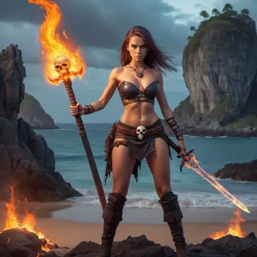 Prompt: Full body view of a beautiful hot but dangerous stronger Warriors Girl with nice visible chest and Powerful magical fire sword, background is creepy Skull-shaped Island