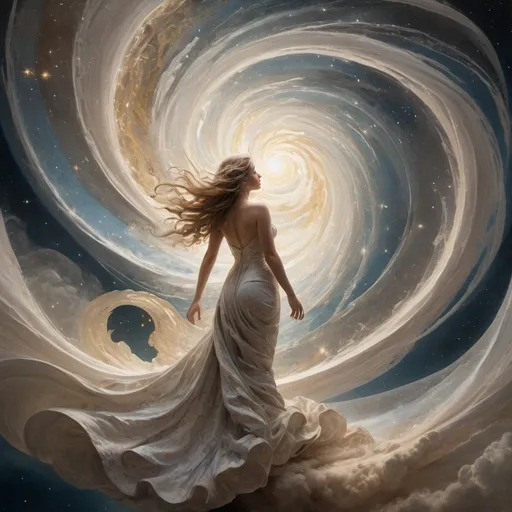 Prompt: a figure bathed in ethereal light, surrounded by swirling patterns reminiscent of turbulent winds and celestial bodies. Within the chaos, there is a sense of calm determination in the subject's expression as they gaze upwards towards a distant point of light, representing their journey through adversity ("Per Aspera") towards the lofty heights of their aspirations ("ad Astra").