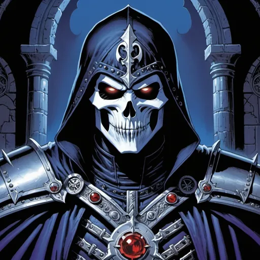 Prompt: comic art, illustration, the masked death knight, 

half body, dramatic, masterpiece, highest quality, realistic, detailed, 8 bit color, fantasy, style of D&D, style of Ravenloft, style of Marvel Comics, art by Clyde Caldwell,