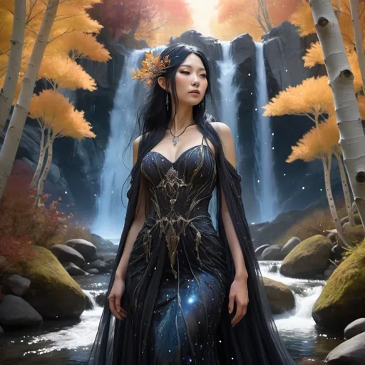 Prompt: Close up a scheming bejeweled japanese elven noble sorceress in a grove of enormously fat aspens, adorned in a multi-layered gossamer gothic gown with a texture resembling flowing water, starry constellations swirling in her black hair, poised in a mystical vale full of cascading waterfalls,  with the view captured from ground level, camera angled upwards, bathed in the ethereal glow of autumn twilight, autumnal hues of foliage, shimmering veils of cascading water, dramatic lighting, backlit, photorealistic style