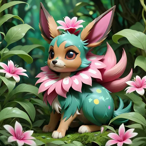 Prompt: Teal colored eevee with a large pink with white spotted flower growing out of their back with jagged leaves and green vines that wrap around everything, background jungle, masterpiece, best quality