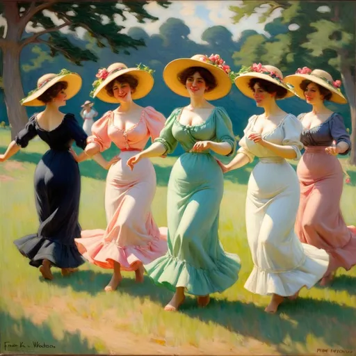 Prompt: “Dancing MILFs, Summer, 1909” painted by Frank Weston Bendon, 1909, oil on canvas, American impressionist 