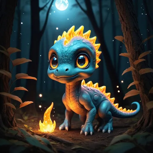 Prompt: Create a digital illustration of a chibi-eyed, fire-breathing, mythical creature, similar to a small dinosaur with a flaming tail, playing with fireflies in a forest. The scene is bathed in a soft, luminous light emanating from a full moon hanging in the sky, filtering through tree branches. Add a dash of magic with the presence of small, glowing ember flakes that simulate bioluminescence, drifting through the air. The creature has a hyperrealistic appearance with large, radiant eyes that carry depth and intricacy, capturing viewer’s attention. The overall image should resonate feelings of enchantment and beauty.