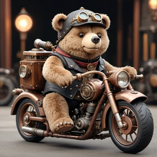 Prompt: cartoon bear on motorcycle, steampunk, 8k