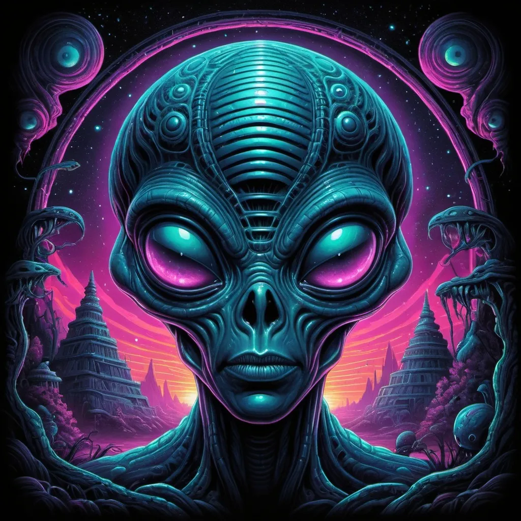 Prompt: Hypnotic illustration of an alien, hypnotic psychedelic art by Dan Mumford, pop surrealism, dark glow neon paint, mystical, Behance