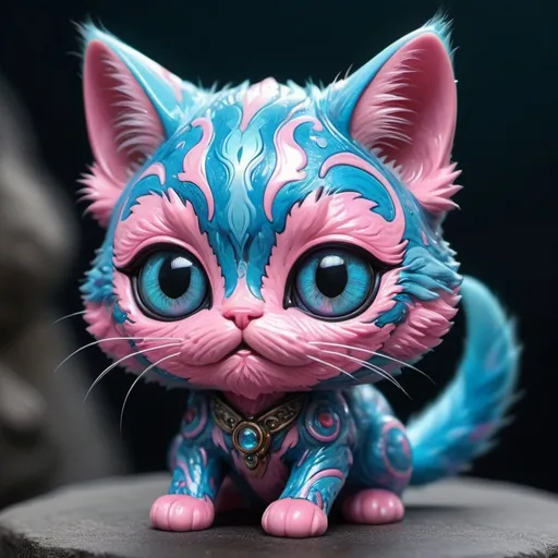 Prompt: Blue and pink chibi animal with iridescent cat-eyes, soft textured fur, color electron microscopy complexity, acrylic marbling art background, macro photography precision, ArtStation's trending aesthetics, Greg Rutkowski's intricate detailing, sharp focus, studio setting, volumetric lighting, cinematic masterpiece reminiscent of Jean Baptiste Monge and Tim Walker, enhanced with Miki Asai's macro expertise.