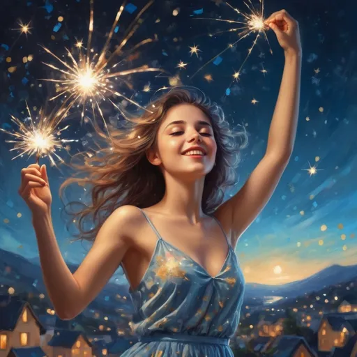 Prompt: girl with dancing sparklers, confetti, star, sky, fairy, beautiful, joy, moon, star, glowing, starry night, lights, starry, in the style of realism with fantasy elements, detailed atmospheric portraits, faith-inspired art, light gold and sky-blue, fantastic, romantic scenery, rimel neffati --ar 81:58 --v 5.2 --s 100