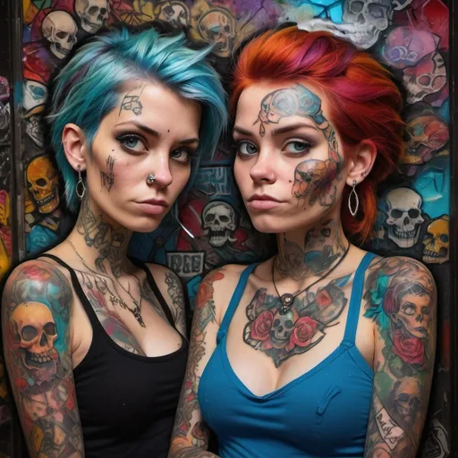 Prompt: Punk versions of Anna and Elsa surrounded by garbage, skull imagery, bottles of beer, discarded cigarettes with their distinct facial features remaining untouched, bearing intricate tattoos, color clash, subcultural aesthetics, street art inspiration, digital rendering, vivid contrast, urban decay backdrop, low-light environment, grimy textures, bold tattoo designs.