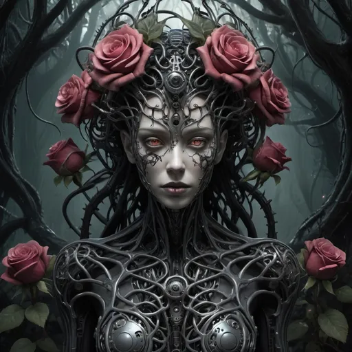 Prompt: ((Cinematic)) ((photorealistic full-body portrait)) of a mysterious hybrid creature, a fusion of dark ((floral)) and ((mechanical)) elements, wandering through an enchanted forest of bioluminescent trees and glowing plants. This unique being, with a body covered in thorny roses and intricate gears, has piercing, crimson eyes that emit an eerie, mesmerizing light. It explores the surreal, shadowy landscape, a realm where nature and technology coexist in a sinister harmony. Delicate, dark flowers intertwined with polished metal vines and sharp thorns form a haunting, intricate pattern on the creature's skin. High detail, UHD 4k wallpaper, by H.R. Giger, Brom, Dave Rapoza, and Abigail Larson.