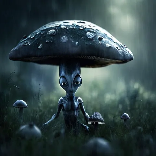 Prompt: a grey alien , big eyes blacks , mushrooms, grass, nigth , forest rain, hyperrealist ,poor light digitalphoto 4k --s 50