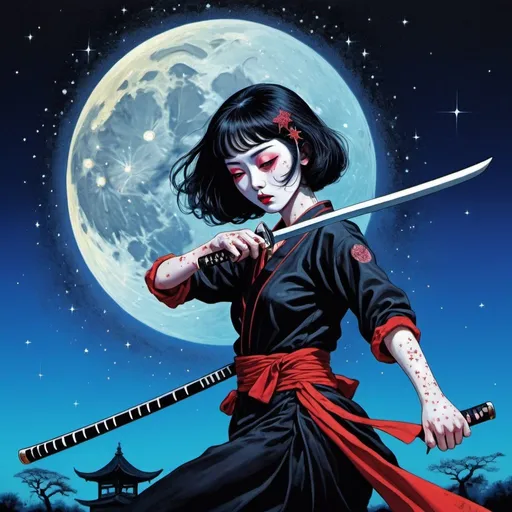 Prompt: surrealism, assassin dancing with her katana, digital painting, complimentary triadic colors, melancholy, sparkles, macabre, moon, stars, by suehiro maruo and junji ito