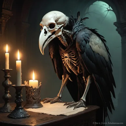 Prompt: anthropomorphic undead Vulture Necromancer, ((fine art masterpiece by Gerald Brom)), ((by Antonio J. Manzanedo)), ((by Brian Kesinger)), ((by John Atkinson Grimshaw)), ((breathtaking dramatic Chthonic Man)), ((dark foreboding fantasy portrait)), ((striking)), ((realistic character)), ((otherworldly digital painting)), ((invokes an emotional response)), ((riveting)), ((captivating)), ((glowing atmospheric hazy ambience)), full body, Eldritch being, beautiful macabre, fancy lighting, glowing in the haze, candles, Vulture skull mask.