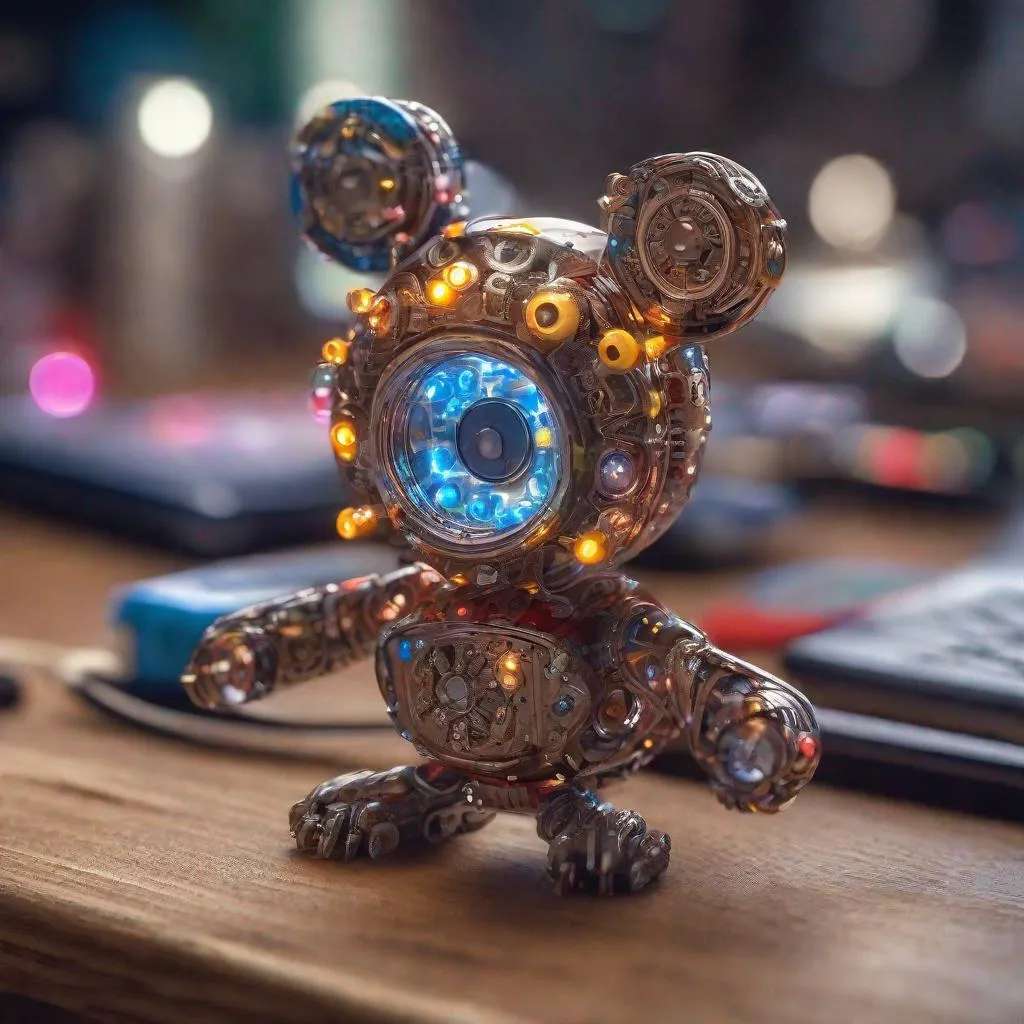 Prompt: Cute leds toy. Mechanical. Intricate on a wood table. Leds., Miki Asai Macro photography, close-up, hyper detailed, trending on artstation, sharp focus, studio photo, intricate details, highly detailed, by greg rutkowski