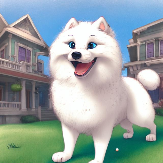 Prompt: Draw in profile, an adult Samoyed dog, with a ball stuck in her mouth, running with a ball in her mouth, very happy, in front of the house, with lots of details, inspired by Disney, Pixar and Dreamworks.