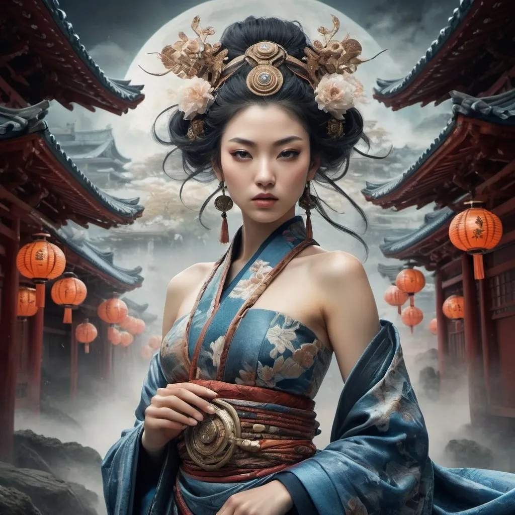 Prompt: (A mesmerizing combination of futuristic elements and ancient history,  this image portrays captivatingly beautiful women in enchanting backgrounds. The primary subject,  created in a collaboration between the legendary artists Katsushika Hokusai and Luis Royo,  is rich in detail and depth. Whether presented in a painting,  photograph,  or another medium,  the image showcases stunningly rendered women adorned with intricate costumes and adorned with breathtaking accessories. The backgrounds transport viewers to ethereal realms,  blending fantastical landscapes with elements of both technological advancements and ancient traditions. Exuding a sense of high quality and artistic mastery,  this image delights the eye with its vivid colors,  intricate textures,  and striking contrasts.),  detailed textures,  high quality,  high resolution,  high precision,  realistic,  color correction,  proper lighting settings,  low noise,  sharp edges,  harmonious composition,  award-winning work
