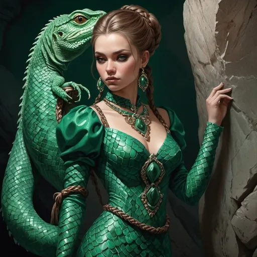 Prompt: mistress of the copper mountain, hair braided, standing next to a stone, medium shot, illustration, fabulous, malachite, dress in the form of lizard scales, small lizards nearby, hyper-detailed, fine drawing, dark shades, gloomy light, high quality, magic