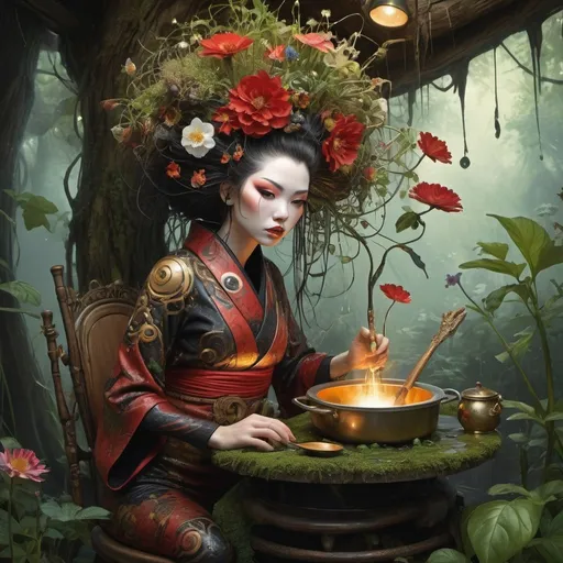 Prompt: art by Ralph Horsley and mandy disher, fantasy Swamp and flowers, biopunk shaman geisha with Gustav Klimt red and black and gold dress, cooking pot, treehouse, surreal Artisanal chair made entirely of local plants flowers and herbs, intricate render, extreme Cabinet of curiosities. extremely detailed. wizard theme, masterpiece, surrealism, exquisite craftsmanship. Jean-Baptiste Monge style, bright, splash, rim lighting, lights, magic, fantasy, digital art, wlop, artgerm and james jean, trending on artstation, sharp focus, studio photo, intricate details, highly detailed, by greg rutkowski