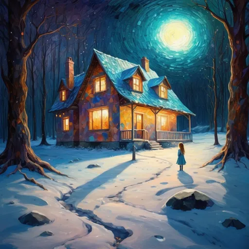 Prompt: An incredibly winter mystical landscape about a lonely mysterious house in a night forest on a moonlit night and a little girl in front of it, in the style of an original painting that organically combines the styles of Gustav Klimt, Van Gogh and Edvard Munch, but also adds its original contribution to the style. Interesting well-chosen and well-combined colors, high clarity and contrast of the picture fragments, oil painting, heavy brush strokes, imitation of handwork, a masterpiece of painting, Broken Glass effect, no background, stunning, something that even doesn't exist, mythical being, energy, molecular, textures, iridescent and luminescent scales, breathtaking beauty, pure perfection, divine presence, unforgettable, impressive, breathtaking beauty, Volumetric light, auras, rays, vivid colors reflects, Broken Glass effect, no background, stunning, something that even doesn't exist, mythical being, energy, molecular, textures, iridescent and luminescent scales, breathtaking beauty, pure perfection, divine presence, unforgettable, impressive, breathtaking beauty, Volumetric light, auras, rays, vivid colors reflects