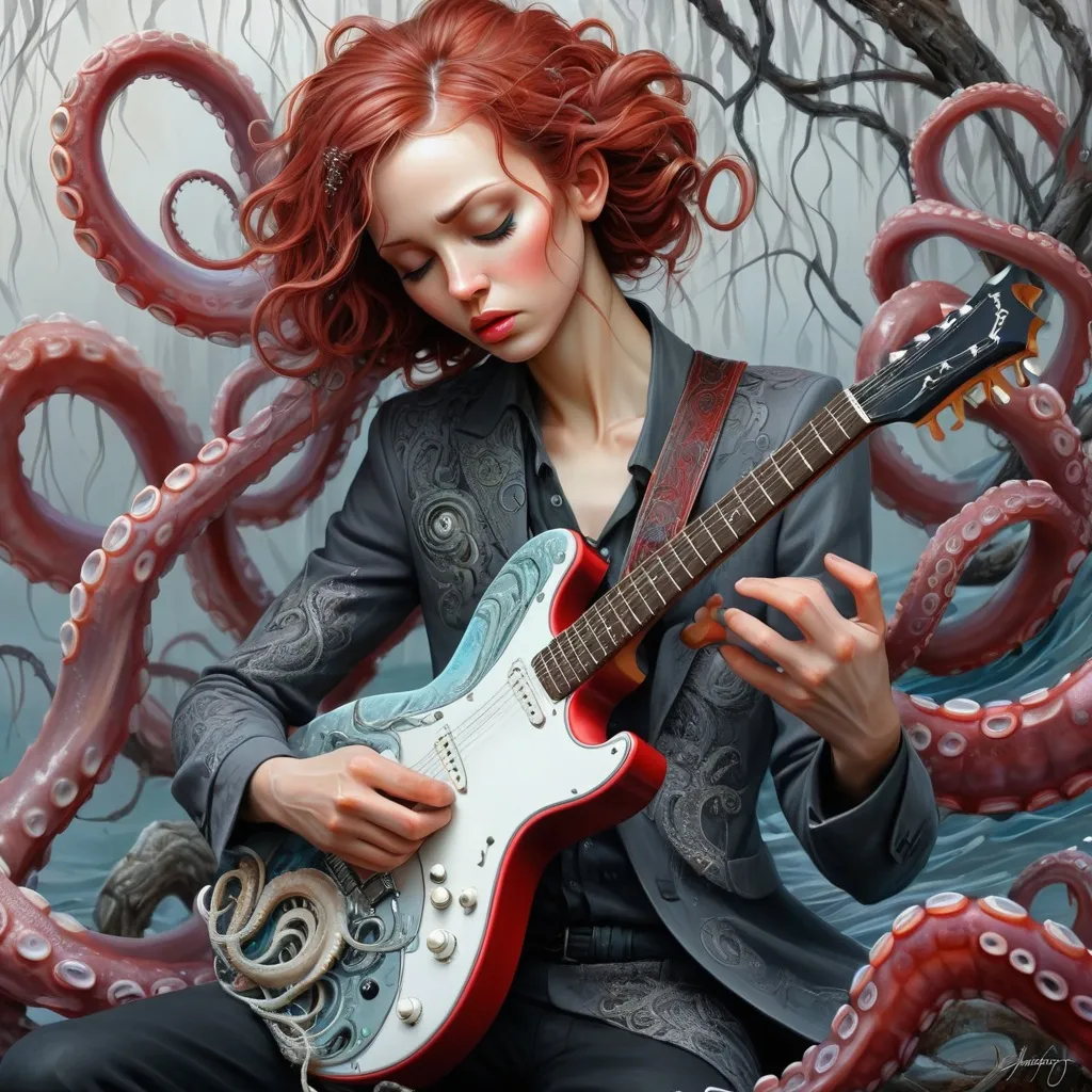 Prompt: art by cameron gray
 karol bak, Seb McKinnon,   
ultra highly detailed, detailed 
digital painting, highly detailed, intricated, intricated pose, clarity, high quality

"The octopus explain tentacles, playing guitar, grey/red, deep sea, weeping willow on the bank, intricately detailed, hyperdetailed, surreal, flowing acrylic  :: fantastical watercolour calligraphy by WLOP"
