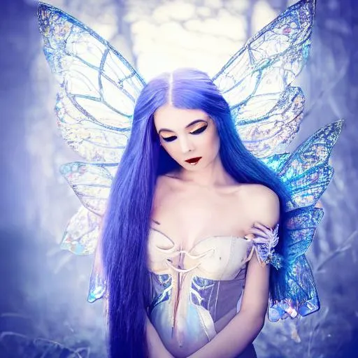 Prompt: a highly detailed professional portrait of a female fairy, photo by bella kotak, fantasy photography, transparent glass fairy wings, luminescent colors, otherworldly, high fantasy art, soft glow, iridescent colors, ethereal aesthetic, fashion photography, intricate design, fae elements, detailed shiny blue hair, whimsical, atmospheric,