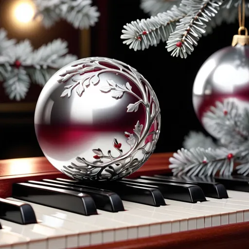 Prompt: Luxus Ornamental cut out silver Ball artistic decorated on cozy ambiente polished piano varnish table, berry branch, reflecting, high contrast, fir branch, chritmas, decoration, 3d, high end craftmansship, liquid structures, splash, reflexion, cinematic light, epic, intricate patterns, jewelery, digital art, wallpaper, octan render, 32k, hdr, studio photo, trending on pinterest