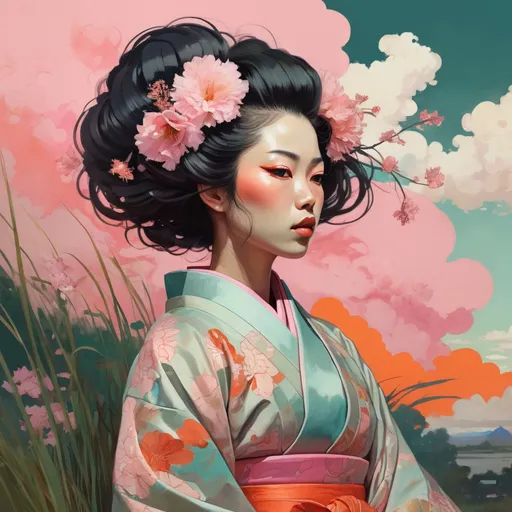 Prompt: portrait ninfa in japanese costume kimono, big hair, grass pastel colors, pink clouds, flowers orange :: by victo ngai, kilian eng, dynamic lighting, digital art, in the style of adrian ghenie, esao andrews, jenny saville, edward hopper, surrealism, dark art by james jean, takato yamamoto, inkpunk minimalism