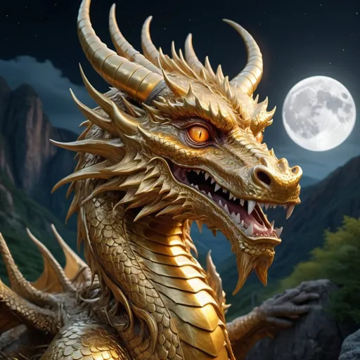 Prompt: A portrait stunning of a golden dragon, a breathtaking landscape of a lush valley and high cliffs as background, night moon mood,  8K, Canon 90D, atmospheric. Photorealistic, photorealism, perfect realistic art, smooth, aftereffects, sharp focus, hi - res, ultra intricate detail, ultra realistic detail, 4K, HDR gloomy, choker style colar, detailed face, magic fantasy, wow effect, ultra hd, realistic, vivid colors, highly detailed, UHD drawing, pen and ink, perfect composition, beautiful detailed intricate insanely detailed octane render trending on artstation, 8k artistic photography, photorealistic concept art, soft natural volumetric cinematic perfect light