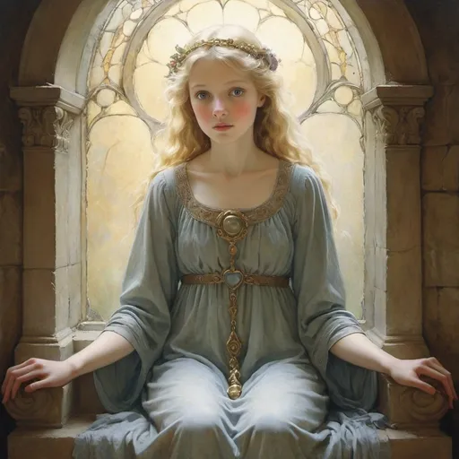Prompt: ((Margaret Tarrant, Frances Brundage, Sophie Gamand)) In a chamber dreary, void of mirth, resided a maiden, lost to worth, she wandered alone, with a heart as cold as aged stone. Yet 'midst the gloom, no longer bound by sorrow's chain, in her eyes, a spark ignited she embraced happiness, free from disdain.