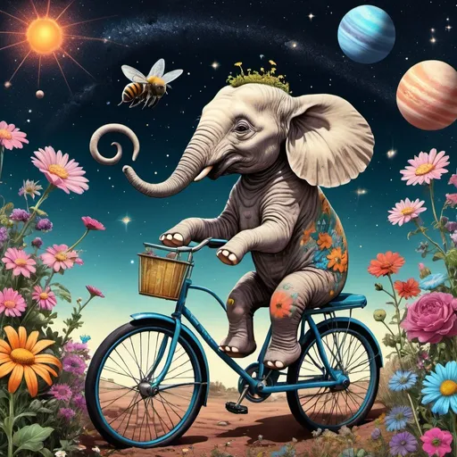 Prompt: Space gardens transition seamlessly into the cosmos, featuring planets as blooming flora and tail-comet bees buzzing amidst stellar blooms, little baby elephant navigates the celestial terrain on a vintage bicycle, camera in tow capturing the surreal blending of terrestrial and cosmic flora, ultra HD, realistic, vibrant colors, high detail, pen and ink style, perfect composition, beautifully detailed, intricately designed