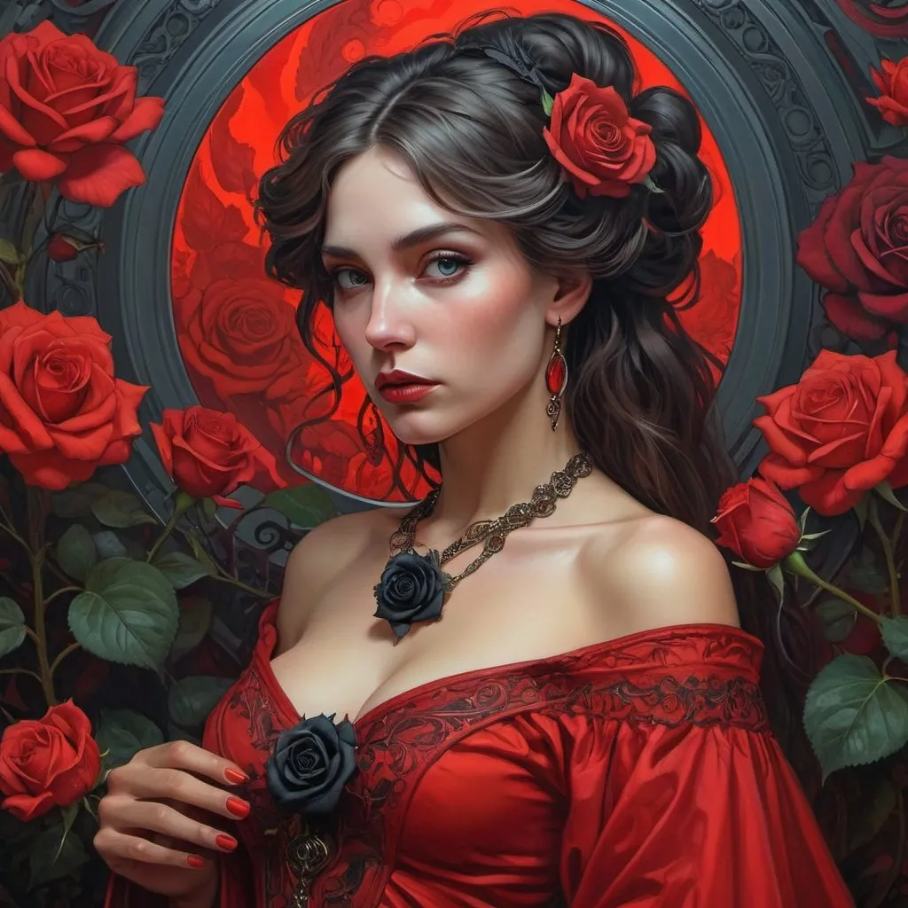 Prompt: a beautiful women in red with a black rose detailed matte painting dynamic lighting hyperdetailed cool colors deep color detailed painting gothic art hyperrealism maximalism digital illustration oil on canvas sharp focus beautiful fantastical magnificent psychedelic fantasycore fantasy Alphonse Mucha Stephen Hillenburg