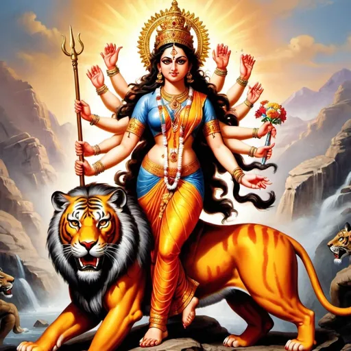 Prompt: Goddess Durga, a powerful and fierce deity in Hindu mythology, symbolizes courage, strength, and protection. She is depicted riding a lion or tiger, wielding various weapons in her multiple arms, representing her divine powers to combat evil and ignorance. Durga is celebrated during Navratri, a nine-night festival, where her victory over the demon Mahishasura is commemorated. She embodies the unity of divine forces, often manifested in different forms like Parvati, Kali, or Ambika. Durga's worship signifies the triumph of good over evil and invokes her blessings for inner strength, courage, and the eradication of obstacles.