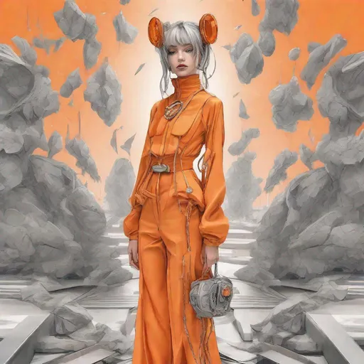 Prompt: Girl in eco friendly haute couture outfit in the style of anime, surrealism, akira style. details. fine jewelry. eco friendly. orange vibe.