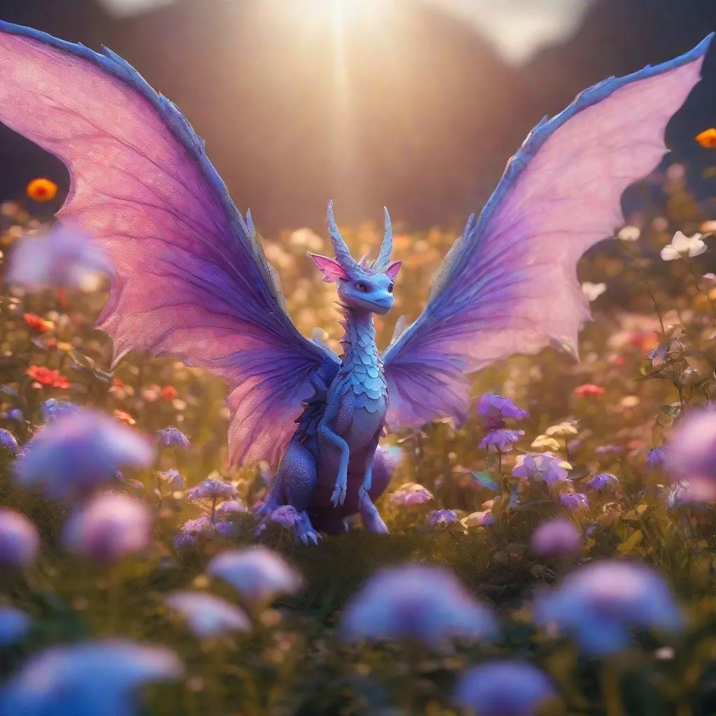 Prompt: Fairy dragon with oversized wings in a field of flowers, the most beautiful image in the world, vivid, beautiful, trending on Artstation, 8K artistic photography, photorealistic, dramatic volumetric cinematic perfect light, award-winning photograph, masterpiece, establishing shot,
