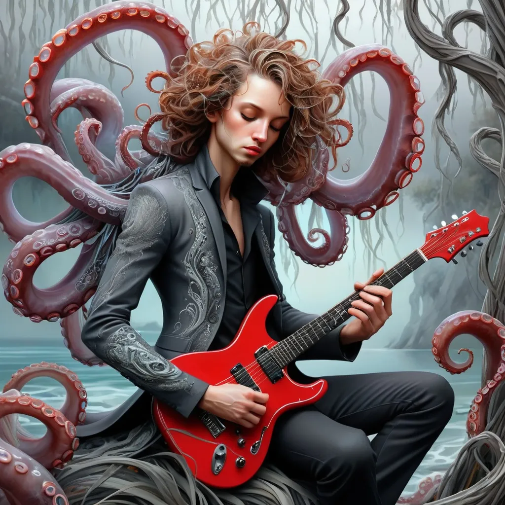 Prompt: art by cameron gray
 karol bak, Seb McKinnon,   
ultra highly detailed, detailed 
digital painting, highly detailed, intricated, intricated pose, clarity, high quality

"The octopus explain tentacles, playing guitar, grey/red, deep sea, weeping willow on the bank, intricately detailed, hyperdetailed, surreal, flowing acrylic  :: fantastical watercolour calligraphy by WLOP"
