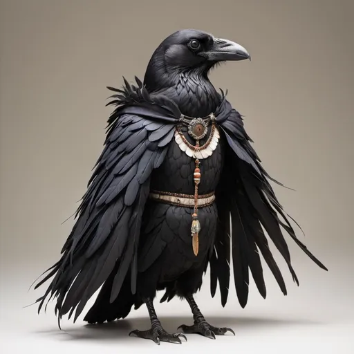 Prompt: Shamon with a cape of raven feathers