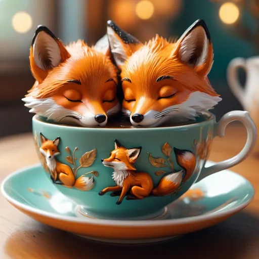 Prompt: Two cute loving foxes inside a tea cup, foxes sleeping inside a beautiful teacup, cute, loving adorable detailed oil painting, detailed fur, intricate detail a masterpieces orange and teal, blur haze, trending on artstation, studio photo Unreal Engine volumetric lighting ultrafine detail, hyperrealism golden hour 8k3d vivid colours