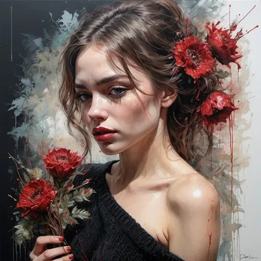 Prompt:  Young and Beautiful, Masterpiece, 8k, Intricate pose, clarity, flowers, Black knitted dress, Red mouth, Mélanie Delon, Carne Griffiths Style, oil painting ,realistic.