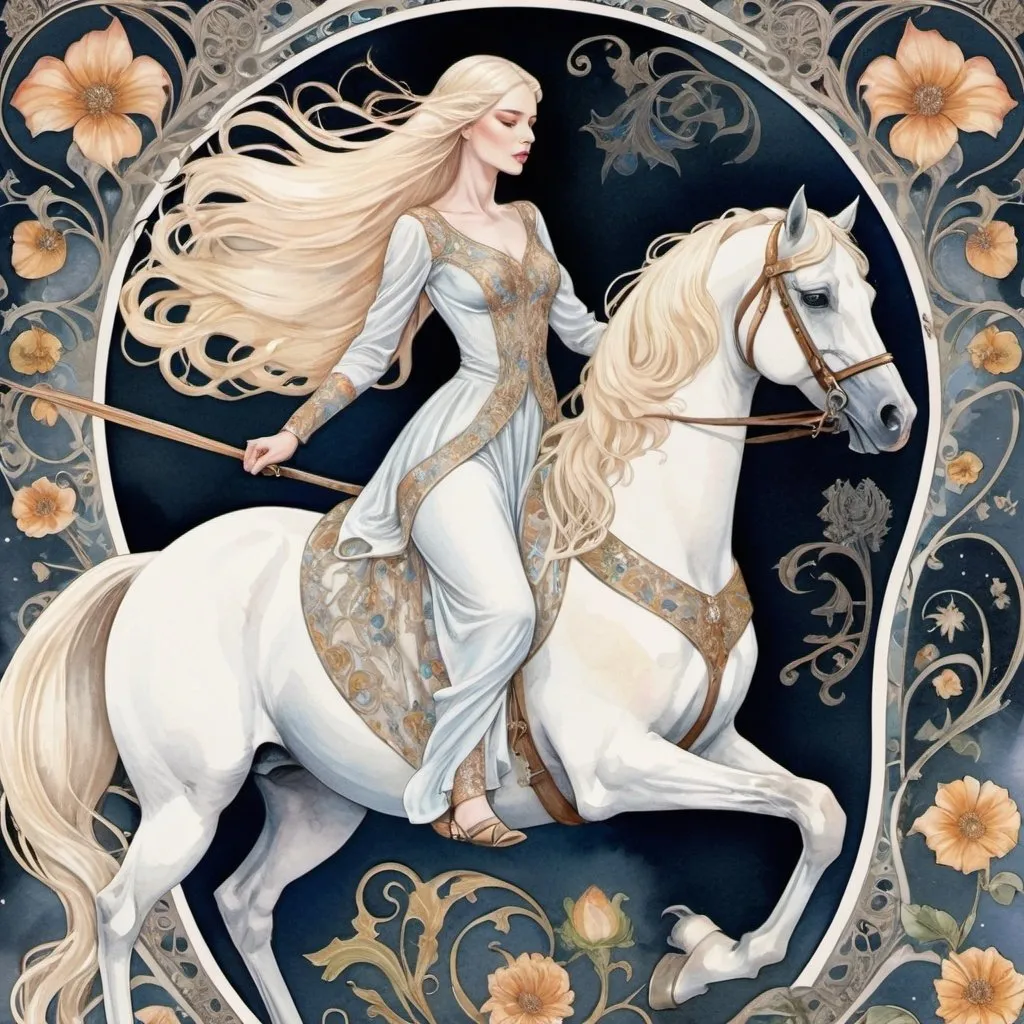 Prompt: Lady Godiva riding a white horse, long blonde hair, in a long dress with long sleeves, glitter depth, art nouveau patterns, mixed media: delicate watercolor painting + vector graphics + pen drawing, symbolism, maximalism, intricate details, bohemian, elegant, aesthetic, lineout