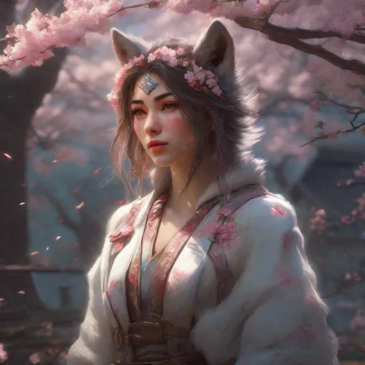 Prompt: Fully Clothed Portrait of alluring fantasy (wolf goddess in spring) in photorealistic quality in magical environment, furry tail, cherry blossoms; highly stylized face and tail portrait fantastically intricate detailed extremely complex art masterpiece by Thomas Kinkade by Ismail Inceoglu trending on Instagram HARDWARE Photographic Art Direction WLOP 5 realistic body centered, anime Character Design, Unreal Engine, Beautiful, Tumblr Aesthetic,  Hd Photography, Hyperrealism, Beautiful Watercolor Painting, Realistic, Detailed, Painting By Olga Shvartsur, Svetlana Novikova, Fine Art