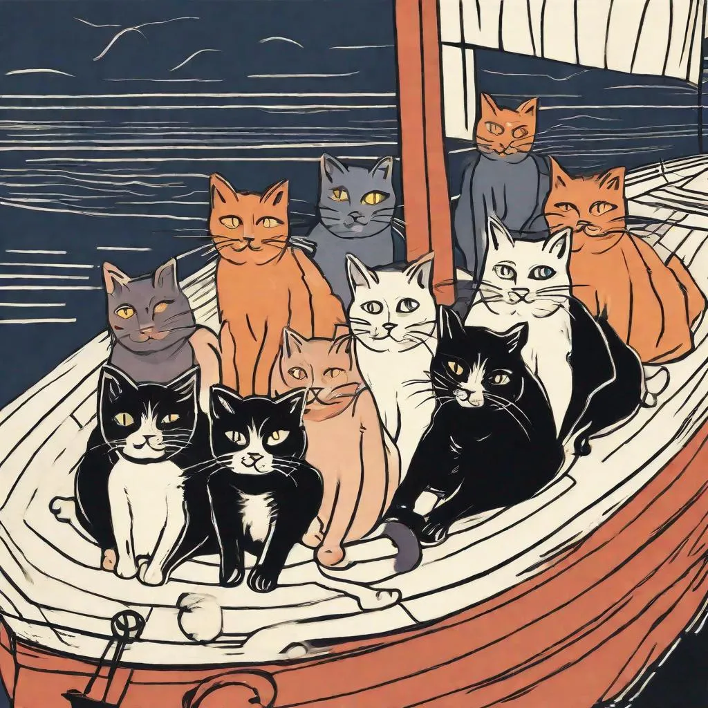 Prompt: a group of cats on a boat in munch style