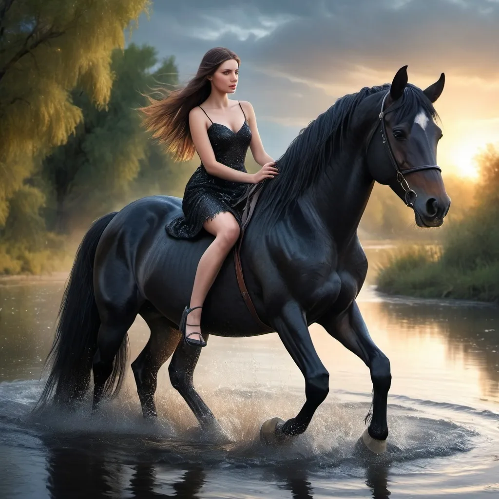 Prompt: A beautiful black horse reared up, a charming girl is sitting on a horse, a shine of wool, a beautiful mane, a river background, dawn, splashes of water. Glitter, hyperdetalization, mysticism, illumination, fantasy, light tones, hyper realistic, beautiful, lumen, professional photo, beautiful, lumion, realistic, 128k, high resolution, high detail, cgi, hyperrealism,f/16, 1/300s. High detailed digital painting, realistic, sharpness