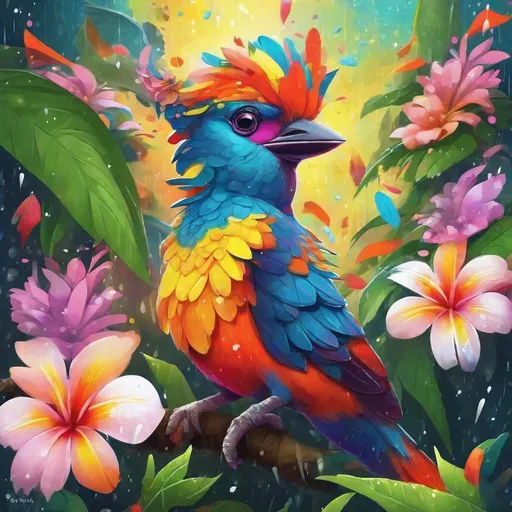 Prompt: Create a Costa Rican the most bright bird in the flowers under the rain