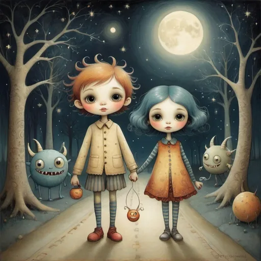 Prompt: Two children taking a cute monster on a walk, twinkling stars, moonlight, sparkle, in the style of Bill Carman