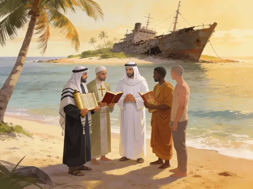 Prompt: five people cast away on an isolated island: a jewish, a christian, a muslim, a Bozi and a religionless person. the first four with their books. before their boat crashes, they were all arguing and fighting except the muslim who was decent and compassionate who tried to help and bridge the gap between them. on the island they started to exchange holly books . everyone reads the other poeple's books apart from any pride or prejudice. the four people: the jewish, the christian, the Bozi and the religionless found out that islam was the true religion and converted to it.