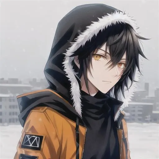 Prompt: Anime male in winter coat with hood up. 3/4 view. Short messy Black hair and orange eyes, desolate snow background. Research station behind him