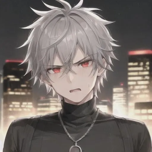 Prompt: 1 boy, male, adult, calm demeanor, mature face, angry face, emo look, focused eyes, short_hair, hyper realistic, gray_hair, messy_hair, black turtleneck with spiked chain, red eyes, 4K, HDR, detailed face, dark background, detailed_background, chaotic destroyed city, night_sky